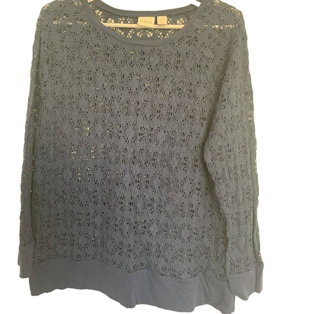 Chico’s Crocheted Top 2 US 12 L Navy Lace Whimsy Goth Long Sleeves Blouson